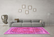 Machine Washable Medallion Pink Traditional Rug in a Living Room, wshtr4791pnk