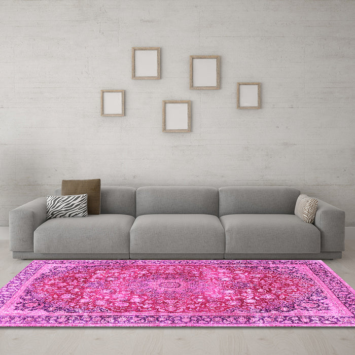 Machine Washable Medallion Pink Traditional Rug in a Living Room, wshtr4791pnk