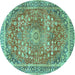 Round Machine Washable Medallion Turquoise Traditional Area Rugs, wshtr4791turq