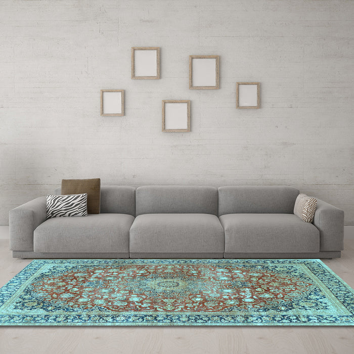 Machine Washable Medallion Light Blue Traditional Rug in a Living Room, wshtr4791lblu
