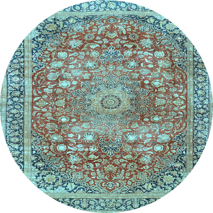 Round Machine Washable Medallion Light Blue Traditional Rug, wshtr4791lblu
