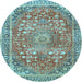 Round Machine Washable Medallion Light Blue Traditional Rug, wshtr4791lblu