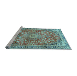 Sideview of Machine Washable Medallion Light Blue Traditional Rug, wshtr4791lblu