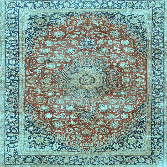 Square Machine Washable Medallion Light Blue Traditional Rug, wshtr4791lblu