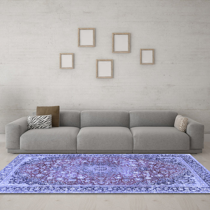Machine Washable Medallion Blue Traditional Rug in a Living Room, wshtr4791blu