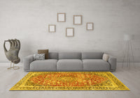 Machine Washable Medallion Yellow Traditional Rug, wshtr4791yw