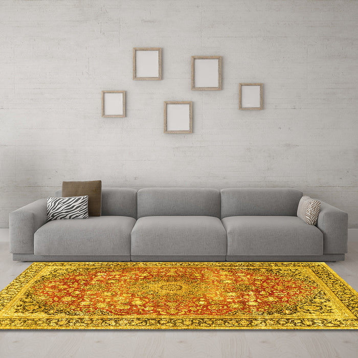 Machine Washable Medallion Yellow Traditional Rug in a Living Room, wshtr4791yw