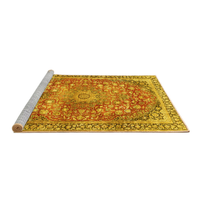 Sideview of Machine Washable Medallion Yellow Traditional Rug, wshtr4791yw