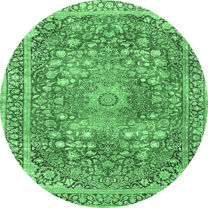 Round Machine Washable Medallion Emerald Green Traditional Area Rugs, wshtr4791emgrn