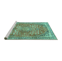 Sideview of Machine Washable Medallion Turquoise Traditional Area Rugs, wshtr4791turq