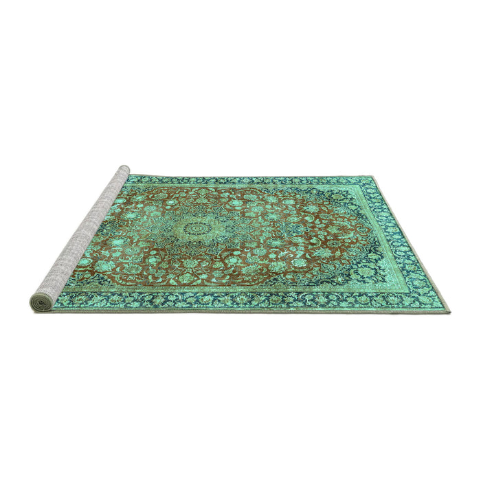 Sideview of Machine Washable Medallion Turquoise Traditional Area Rugs, wshtr4791turq