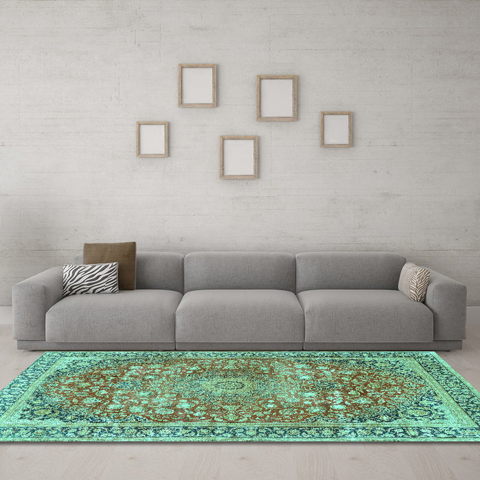 Machine Washable Medallion Turquoise Traditional Area Rugs in a Living Room,, wshtr4791turq