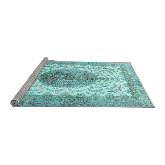 Sideview of Machine Washable Medallion Light Blue Traditional Rug, wshtr4792lblu