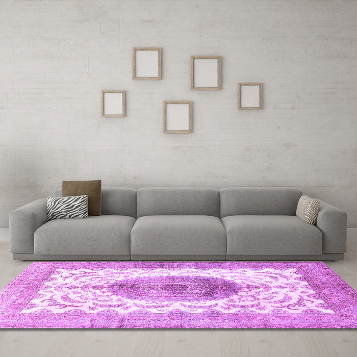 Machine Washable Medallion Purple Traditional Area Rugs in a Living Room, wshtr4792pur