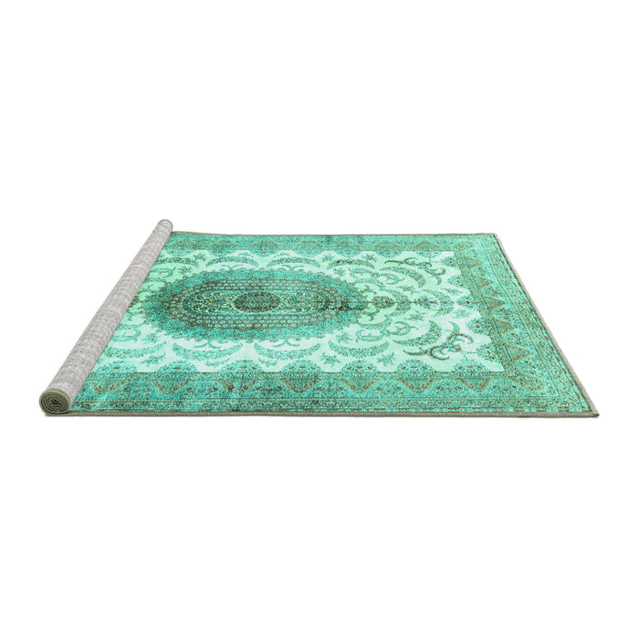 Sideview of Machine Washable Medallion Turquoise Traditional Area Rugs, wshtr4792turq