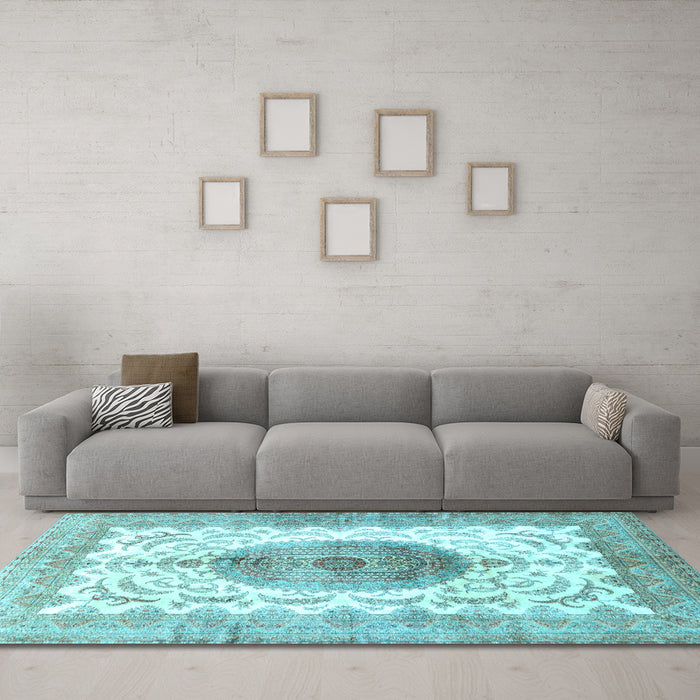 Machine Washable Medallion Light Blue Traditional Rug in a Living Room, wshtr4792lblu