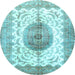 Round Machine Washable Medallion Light Blue Traditional Rug, wshtr4792lblu