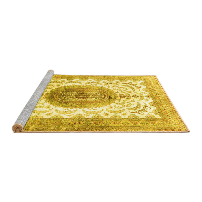 Sideview of Machine Washable Medallion Yellow Traditional Rug, wshtr4792yw