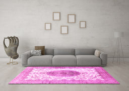 Machine Washable Medallion Pink Traditional Rug in a Living Room, wshtr4792pnk