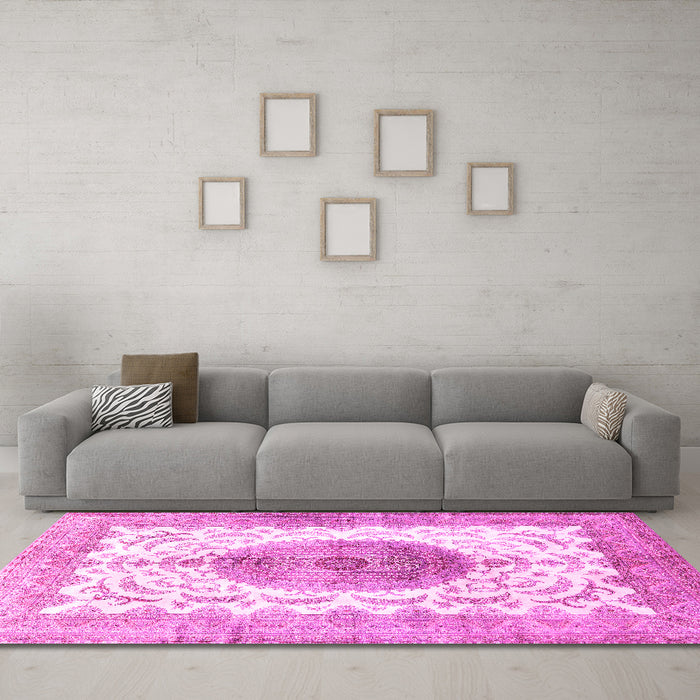 Machine Washable Medallion Pink Traditional Rug in a Living Room, wshtr4792pnk