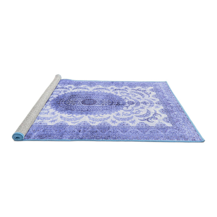 Sideview of Machine Washable Medallion Blue Traditional Rug, wshtr4792blu