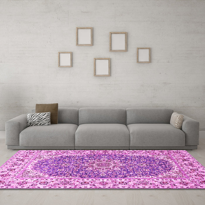 Machine Washable Medallion Pink Traditional Rug in a Living Room, wshtr4793pnk