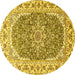 Round Machine Washable Medallion Yellow Traditional Rug, wshtr4793yw