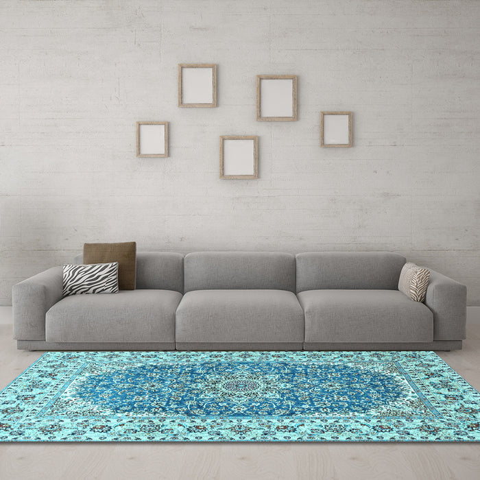 Machine Washable Medallion Light Blue Traditional Rug in a Living Room, wshtr4793lblu