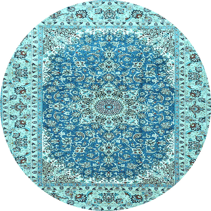 Round Machine Washable Medallion Light Blue Traditional Rug, wshtr4793lblu