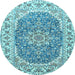 Round Machine Washable Medallion Light Blue Traditional Rug, wshtr4793lblu