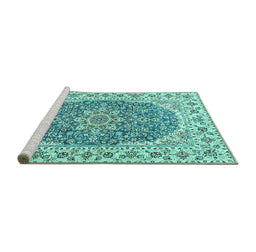 Sideview of Machine Washable Medallion Turquoise Traditional Area Rugs, wshtr4793turq