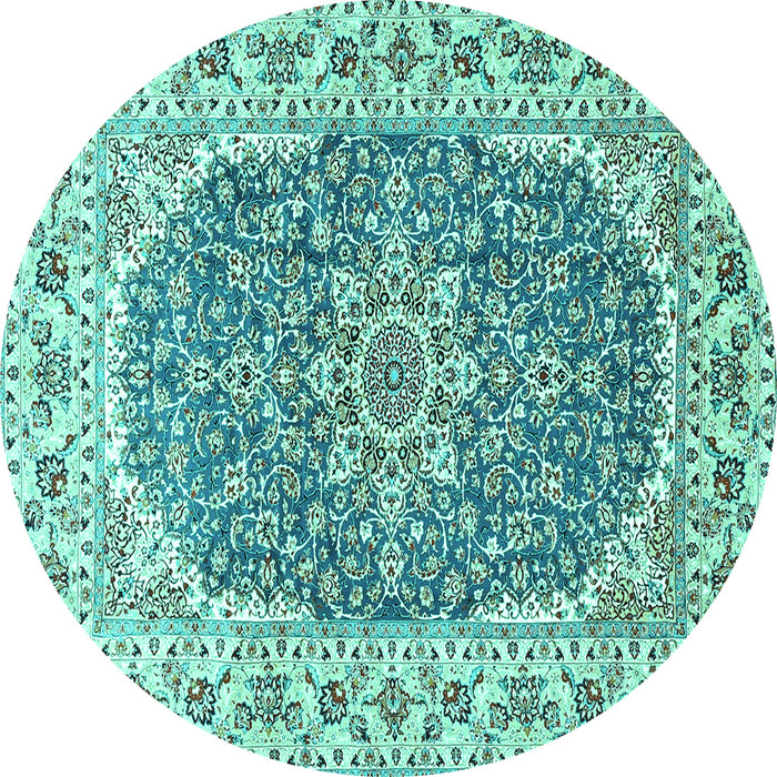 Round Machine Washable Medallion Turquoise Traditional Area Rugs, wshtr4793turq