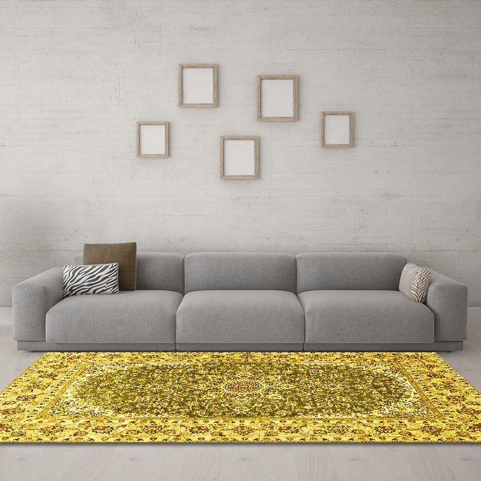 Machine Washable Medallion Yellow Traditional Rug in a Living Room, wshtr4793yw
