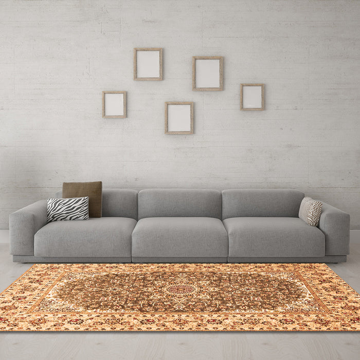 Machine Washable Medallion Orange Traditional Area Rugs in a Living Room, wshtr4793org