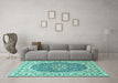 Machine Washable Medallion Turquoise Traditional Area Rugs in a Living Room,, wshtr4793turq