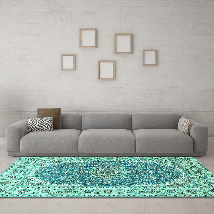 Machine Washable Medallion Turquoise Traditional Area Rugs in a Living Room,, wshtr4793turq