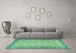 Machine Washable Persian Turquoise Traditional Area Rugs in a Living Room,, wshtr4796turq