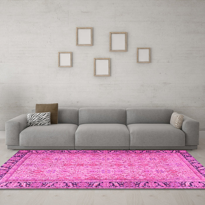 Machine Washable Persian Pink Traditional Rug in a Living Room, wshtr4796pnk