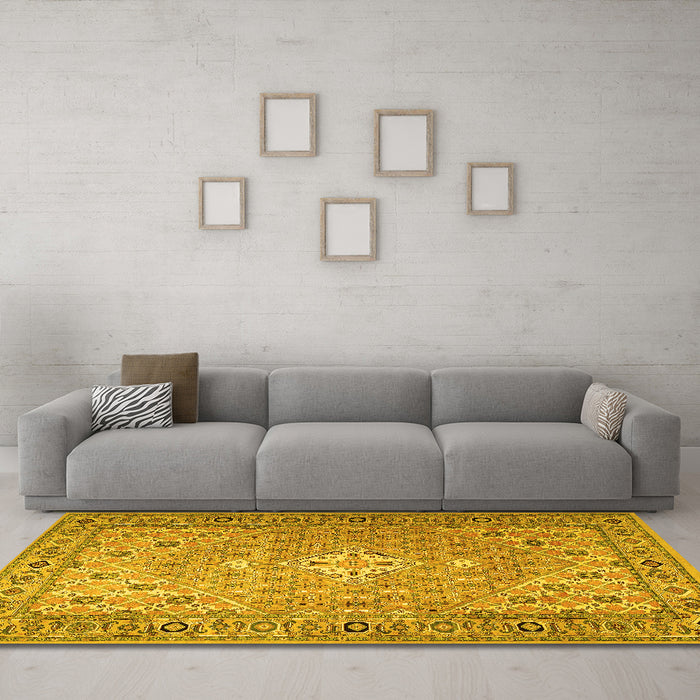 Machine Washable Persian Yellow Traditional Rug in a Living Room, wshtr4797yw