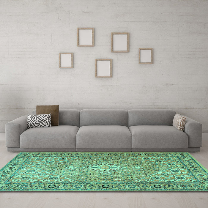 Machine Washable Persian Turquoise Traditional Area Rugs in a Living Room,, wshtr4797turq