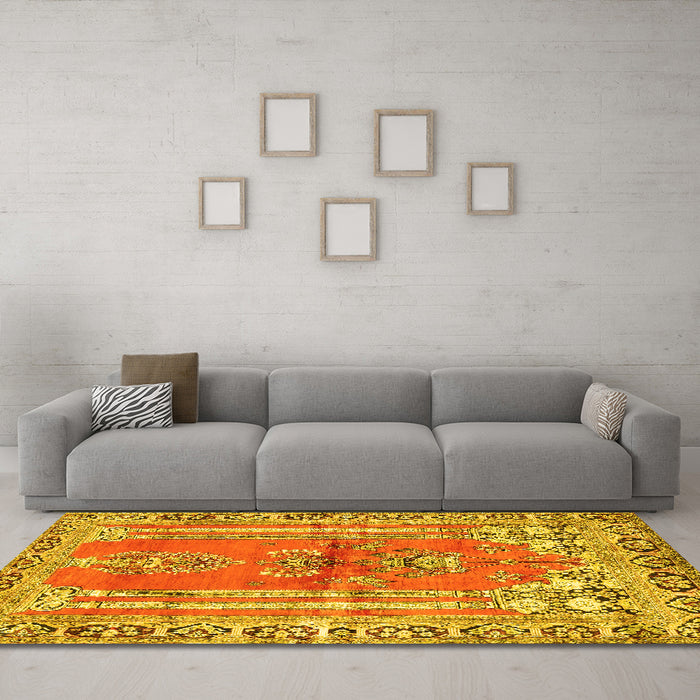 Machine Washable Persian Yellow Traditional Rug in a Living Room, wshtr4798yw