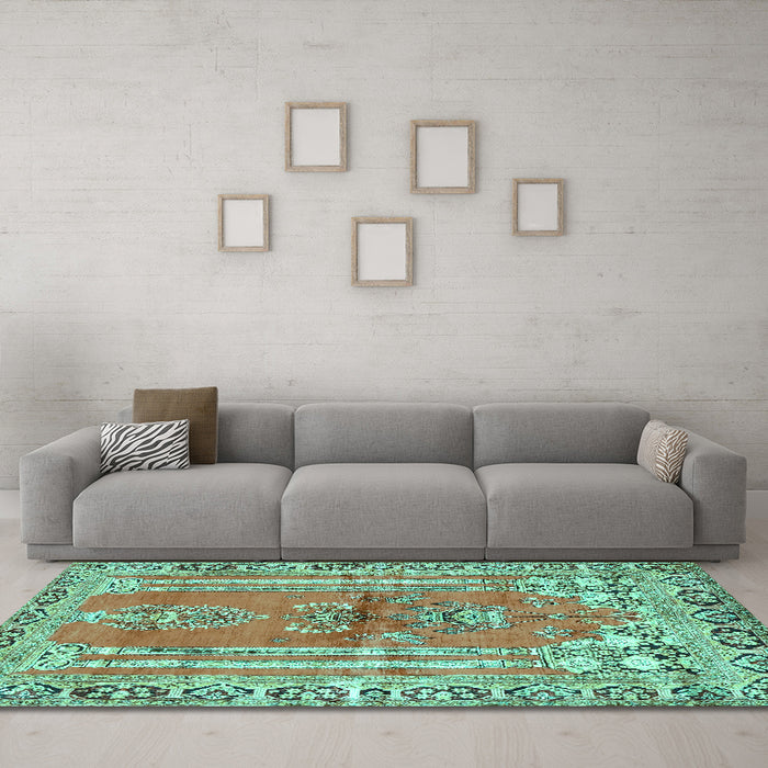 Machine Washable Persian Turquoise Traditional Area Rugs in a Living Room,, wshtr4798turq