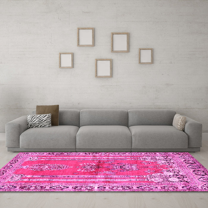 Machine Washable Persian Pink Traditional Rug in a Living Room, wshtr4798pnk