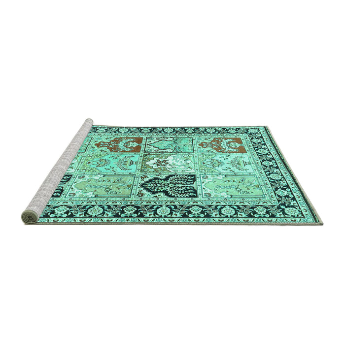 Sideview of Machine Washable Persian Turquoise Traditional Area Rugs, wshtr4799turq