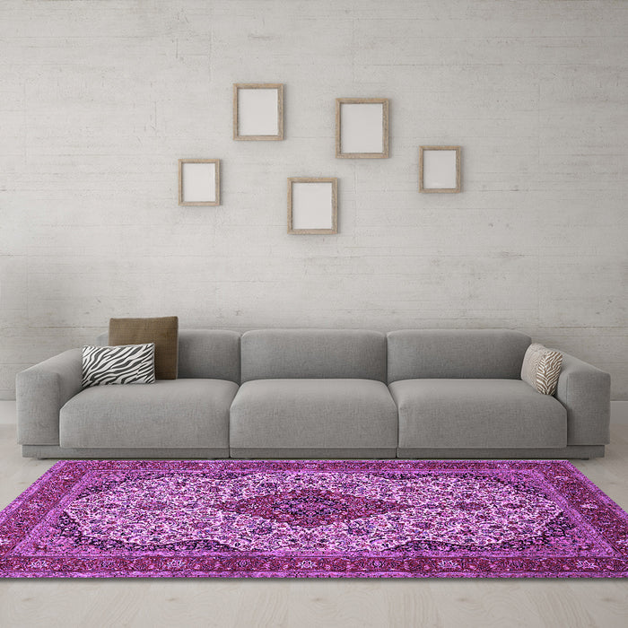Machine Washable Medallion Purple Traditional Area Rugs in a Living Room, wshtr479pur