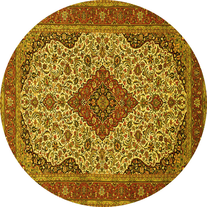 Round Machine Washable Medallion Yellow Traditional Rug, wshtr479yw