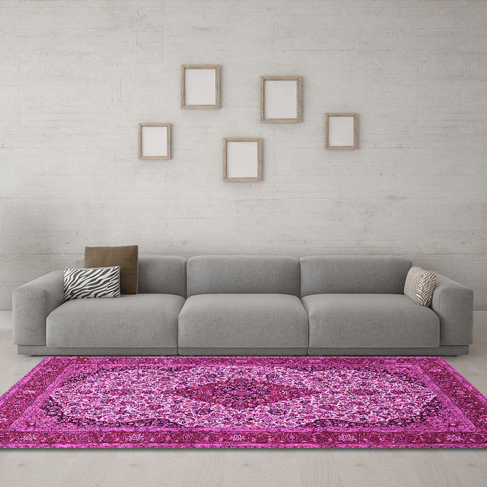 Machine Washable Medallion Pink Traditional Rug in a Living Room, wshtr479pnk