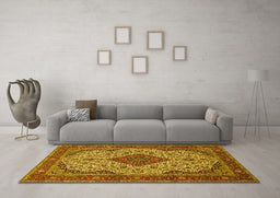 Machine Washable Medallion Yellow Traditional Rug in a Living Room, wshtr479yw