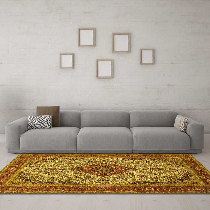 Machine Washable Medallion Yellow Traditional Rug in a Living Room, wshtr479yw