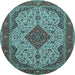 Round Machine Washable Medallion Light Blue Traditional Rug, wshtr479lblu